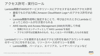 © 2019, Amazon Web Services, Inc. or its Affiliates. All rights reserved. Amazon Confidential and Trademark
-
Lambda AWS
• Amazon CloudWatch Logs
• Lambda Lambda
• AWS Identity and Access Management (IAM)
• ”AWS Lambda”
•
Lambda AWS
• Lambda
 