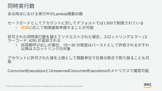 © 2019, Amazon Web Services, Inc. or its Affiliates. All rights reserved. Amazon Confidential and Trademark
Lambda
1,000
•
(
: 429)
• 15 30
ConcurrentExecutions UnreservedConcurrentExecutions
 