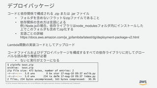 © 2019, Amazon Web Services, Inc. or its Affiliates. All rights reserved. Amazon Confidential and Trademark
.zip .jar
• zip
•
) Node.js node_modules
zip
•
https://docs.aws.amazon.com/ja_jp/lambda/latest/dg/deployment-package-v2.html
Lambda
•
$ zipinfo test.zip
Archive: test.zip
Zip file size: 473 bytes, number of entries: 2
-r--r--r-- 3.0 unx 0 bx stor 17-Aug-10 09:37 exlib.py
-r--r--r-- 3.0 unx 234 tx defN 17-Aug-10 09:37 index.py
2 files, 234 bytes uncompressed, 163 bytes compressed: 30.3%
 