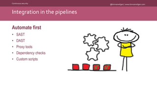 @kimvanwilgen | www.kimvanwilgen.comContinuous security
Automate first
• SAST
• DAST
• Proxy tools
• Dependency checks
• Custom scripts
Integration in the pipelines
 