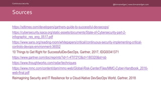 @kimvanwilgen | www.kimvanwilgen.comContinuous security
https://sdtimes.com/developers/gartners-guide-to-successful-devsecops/
https://cybersecurity.isaca.org/static-assets/documents/State-of-Cybersecurity-part-2-
infographic_res_eng_0517.pdf
https://www.sans.org/reading-room/whitepapers/critical/continuous-security-implementing-critical-
controls-devops-environment-36552
10 Things to Get Right for SuccessfulDevSecOps, Gartner, 2017, IDG00341371
https://www.gartner.com/doc/reprints?id=1-4TI72Y2&ct=180320&st=sb
https://www.thoughtworks.com/radar/techniques
https://www.mmc.com/content/dam/mmc-web/Global-Risk-Center/Files/MMC-Cyber-Handbook_2016-
web-final.pdf
Reimagining Security and IT Resilience for a Cloud-Native DevSecOps World, Gartner, 2018
Sources
 