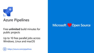 Azure Pipelines
Free unlimited build minutes for
public projects
Up to 10 free parallel jobs across
Windows, Linux and macOS
Microsoft Open Source
https://azure.com/pipelines
 