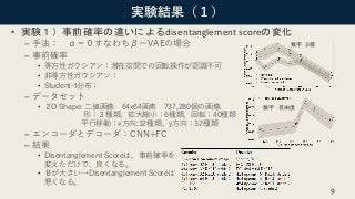 実験結果（１）
• 実験１）事前確率の違いによるdisentanglement scoreの変化
– 手法： α＝０すなわちβーVAEの場合
– 事前確率
• 等方性ガウシアン：潜在空間での回転操作が認識不可
• 非等方性ガウシアン：
• Student-t分布：
– データセット
• ２D Shape: 二値画像 64x64画素 737,280個の画像
形：３種類、拡大縮小：6種類、回転：40種類
平行移動：x方向:32種類、y方向：32種類
– エンコーダとデコーダ：CNN+FC
– 結果
• Disentanglement Scoreは、事前確率を
変えただけで、良くなる。
• Βが大きい→Disentanglement Scoreは
悪くなる。
9
数字：自由度
数字：β値
 