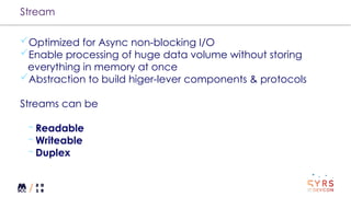 Stream
Optimized for Async non-blocking I/O
Enable processing of huge data volume without storing
everything in memory at once
Abstraction to build higer-lever components & protocols
Streams can be
¬ Readable
¬ Writeable
¬ Duplex
 