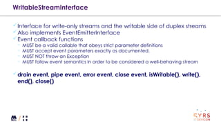 WritableStreamInterface
Interface for write-only streams and the writable side of duplex streams
Also implements EventEmitterInterface
Event callback functions
¬ MUST be a valid callable that obeys strict parameter definitions
¬ MUST accept event parameters exactly as documented.
¬ MUST NOT throw an Exception
¬ MUST follow event semantics in order to be considered a well-behaving stream
drain event, pipe event, error event, close event, isWritable(), write(),
end(), close()
 