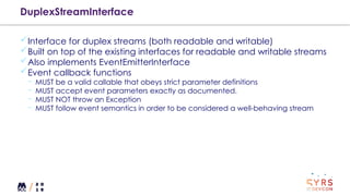 DuplexStreamInterface
Interface for duplex streams (both readable and writable)
Built on top of the existing interfaces for readable and writable streams
Also implements EventEmitterInterface
Event callback functions
¬ MUST be a valid callable that obeys strict parameter definitions
¬ MUST accept event parameters exactly as documented.
¬ MUST NOT throw an Exception
¬ MUST follow event semantics in order to be considered a well-behaving stream
 
