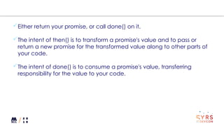 Either return your promise, or call done() on it.
The intent of then() is to transform a promise's value and to pass or
return a new promise for the transformed value along to other parts of
your code.
The intent of done() is to consume a promise's value, transferring
responsibility for the value to your code.
 