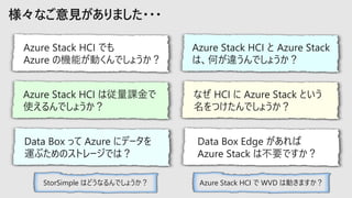 Azure Stack HCI でも
Azure の機能が動くんでしょうか？
Azure Stack HCI と Azure Stack
は、何が違うんでしょうか？
Data Box って Azure にデータを
運ぶためのストレージでは？
StorSimple はどうなるんでしょうか？
Azure Stack HCI は従量課金で
使えるんでしょうか？
なぜ HCI に Azure Stack という
名をつけたんでしょうか？
Data Box Edge があれば
Azure Stack は不要ですか？
Azure Stack HCI で WVD は動きますか？
 