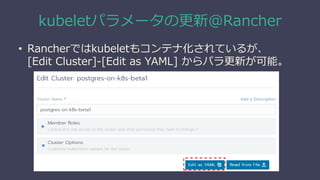 kubeletパラメータの更新@Rancher
• Rancherではkubeletもコンテナ化されているが、
[Edit Cluster]-[Edit as YAML] からパラ更新が可能。
 