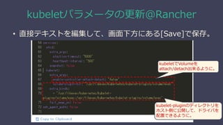 kubeletパラメータの更新@Rancher
• 直接テキストを編集して、画面下方にある[Save]で保存。
kubeletでVolumeを
attach/detach出来るように。
kubelet-pluginのディレクトリを
ホスト側に公開して、ドライバを
配置できるように。
 
