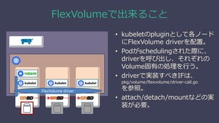 FlexVolumeで出来ること
• kubeletのpluginとして各ノード
にFlexVolume driverを配置。
• Podがschedulingされた際に、
driverを呼び出し、それぞれの
Volume固有の処理を行う。
• driverで実装すべきIFは、
pkg/volume/flexvolume/driver-call.go
を参照。
• attach/detach/mountなどの実
装が必要。
kubelet kubelet kubelet
FlexVolume driver
 