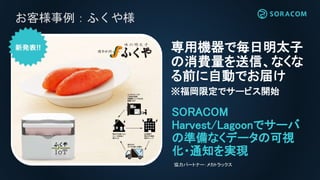 お客様事例：ふくや様
SORACOM
Harvest/Lagoonでサーバ
の準備なくデータの可視
化・通知を実現
専用機器で毎日明太子
の消費量を送信、なくな
る前に自動でお届け
※福岡限定でサービス開始
協力パートナー：メカトラックス
 