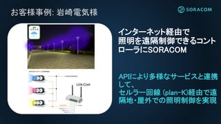 お客様事例: 岩崎電気様
APIにより多様なサービスと連携
して、
セルラー回線 (plan-K)経由で遠
隔地・屋外での照明制御を実現
インターネット経由で
照明を遠隔制御できるコント
ローラにSORACOM
 
