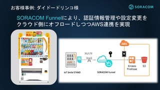 お客様事例: ダイドードリンコ様
SORACOM Funnelにより、認証情報管理や設定変更を
クラウド側にオフロードしつつAWS連携を実現
 