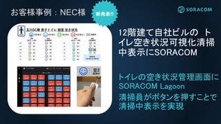 お客様事例：NEC様
トイレの空き状況管理画面に
SORACOM Lagoon
清掃員がボタンを押すことで
清掃中表示を実現
12階建て自社ビルの ト
イレ空き状況可視化清掃
中表示にSORACOM
 