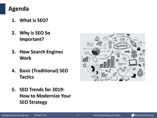 sales@pamannmarketing.com 973-664-7775 2 PamAnnMarketing.com/Slides @PamAnnMarketing
Agenda
1. What is SEO?
2. Why is SEO ...