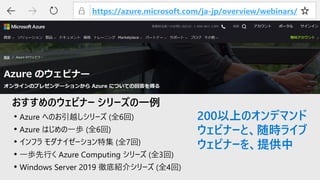 おすすめのウェビナー シリーズの一例
• Azure へのお引越しシリーズ (全6回)
• Azure はじめの一歩 (全6回)
• インフラ モダナイゼーション特集 (全7回)
• 一歩先行く Azure Computing シリーズ (全3回)
• Windows Server 2019 徹底紹介シリーズ (全4回)
https://azure.microsoft.com/ja-jp/overview/webinars/
200以上のオンデマンド
ウェビナーと、随時ライブ
ウェビナーを、提供中
 