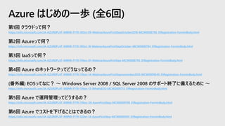 第1回 クラウドって何？
https://info.microsoft.com/JA-AZUREPLAT-WBNR-FY19-10Oct-09-WebinarAzureFirstStepOctober2018-MCW0008796_01Registration-ForminBody.html
第2回 Azureって何？
https://info.microsoft.com/JA-AZUREPLAT-WBNR-FY19-10Oct-18-WebinarAzureFirstStepOctober-MCW0008794_01Registration-ForminBody.html
第3回 IaaSって何？
https://info.microsoft.com/JA-AZUREPLAT-WBNR-FY19-11Nov-01-WebinarAzurefirstStep-MCW0008795_01Registration-ForminBody.html
第4回 Azure のネットワークってどうなってるの？
https://info.microsoft.com/JA-AZUREPLAT-WBNR-FY19-11Nov-14-WebinarAzureFirstStepnovember2018-MCW0009549_01Registration-ForminBody.html
(番外編) EOSってなに？ ～ Windows Server 2008 / SQL Server 2008 のサポート終了に備えるために ～
https://info.microsoft.com/JA-AZUREPLAT-WBNR-FY19-11Nov-13-WhatisEOS-MCW0009713_01Registration-ForminBody.html
第5回 Azure で運用管理ってどうするの？
https://info.microsoft.com/JA-AZUREPLAT-WBNR-FY19-11Nov-28-AzureFirstStep-MCW0009198_01Registration-ForminBody.html
第6回 Azure でコストを下げることはできるの？
https://info.microsoft.com/JA-AZUREPLAT-WBNR-FY19-12Dec-14-AzureFirstStep-MCW0009201_01Registration-ForminBody.html
Azure はじめの一歩 (全6回)
 