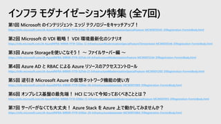 第1回 Microsoft のインテリジェント エッジ テクノロジーをキャッチアップ！
https://info.microsoft.com/JA-AzureINFRA-WBNR-FY19-01Jan-10-InfrastructureModernizationSpecialFeature-MCW0010545_01Registration-ForminBody.html
第2回 Microsoft の VDI 戦略！ VDI 環境最新化のシナリオ
https://info.microsoft.com/JA-AzureINFRA-WBNR-FY19-12Dec-12-InfrastructureModernizationSpecialFeature7timesintotal-MCW0010546_01Registration-ForminBody.html
第3回 Azure Storageを使いこなそう！ ～ ファイルサーバー編 ～
https://info.microsoft.com/JA-AzureINFRA-WBNR-FY19-02Feb-04-InfrastructureModernizationFeature-MCW0011244_01Registration-ForminBody.html
第4回 Azure AD と RBAC による Azure リソースのアクセスコントロール
https://info.microsoft.com/JA-AzureINFRA-WBNR-FY19-02Feb-21-InfrastructureModernizationSpecialFeature-MCW0011260_01Registration-ForminBody.html
第5回 逆引き Microsoft Azure の仮想ネットワーク機能の使い方
https://info.microsoft.com/JA-AzureINFRA-WBNR-FY19-03Mar-06-Infrastructuredataestate-MCW0011989_01Registration-ForminBody.html
第6回 オンプレミス基盤の最先端！ HCI について今知っておくべきこととは？
https://info.microsoft.com/JA-AzureINFRA-WBNR-FY19-03Mar-13-InfrastructuredataestateModernizationSpecialFeature-MCW0011915_01Registration-ForminBody.html
第7回 サーバーがなくても大丈夫！ Azure Stack を Azure 上で動かしてみませんか？
https://info.microsoft.com/JA-AzureINFRA-WBNR-FY19-03Mar-26-Infrastructuredataestate-MCW0011884_01Registration-ForminBody.html
インフラ モダナイゼーション特集 (全7回)
 