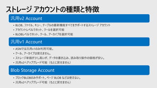 ストレージ アカウントの種類と特徴
汎用v2 Account
• BLOB、ファイル、キュー、テーブルの最新機能すべてをサポートするストレージ アカウント
• アカウントレベルでホット、クールを選択可能
• BLOBレベルでホット、クール、アーカイブを選択可能
汎用v1 Account
• ASMでは汎用v1のみ利用可能。
• クール、アーカイブは使えません。
• ストレージ単価が少し高いが、データの書き込み、読み取り操作の価格が安い。
• 汎用v2へアップグレード可能（もとに戻せません）
Blob Storage Account
• ブロックBLOBのみサポート。ページ BLOB などは使えない。
• 汎用v2へアップグレード可能（もとに戻せません）
 