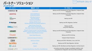パートナー ソリューション
バックアップ
パートナー 製品サービス ワークロード
CommVault
Backup and DR, Workload and Data Migration, Endpoint Data
Protection
Veritas NetBackup
Veritas BackupExec
Backup and DR, Workload and Data Migration, Endpoint Data
Protection
HPE Data Protector
HPE VM Explorer
StoreOnce CloudBank
Backup and DR
NetApp ONTAP Cloud
NetApp AltaVault Cloud-Based Appliance
Backup and DR, Migration, DevTest
Data Domain Cloud Tier
EMC Avamar Virtual Edition
EMC Data Protection Suite CloudBoost
Backup and DR
Long-Term Retention
Veeam® Cloud Connect™ for the Enterprise
Veeam® Cloud Connect™ for Service Providers
Veeam® Direct Restore to Azure
Backup and DR, Workload and Data Migration, Endpoint Data
Protection
Quest Rapid Recovery Backup and DR, Archiving
Carbonite Endpoint Protection Endpoint Data Protection
Spectrum Protect Backup and DR for Windows, Linux, and Unix
Actifio Sky Backup and DR, Data Migration, DevTest
Rubrik Backup and DR, Workload and Data Migration, Archival, Search
Cohesity CloudArchive, CloudTier, CloudReplicate
Innovative secondary storage consolidation platform with
comprehensive integration with Azure Disks and Blobs
オブジェクト ストレージ
 