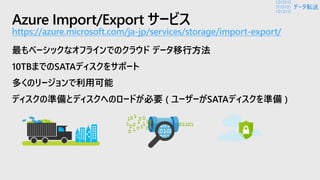 Azure Import/Export サービス
https://azure.microsoft.com/ja-jp/services/storage/import-export/
最もベーシックなオフラインでのクラウド データ移行方法
10TBまでのSATAディスクをサポート
多くのリージョンで利用可能
ディスクの準備とディスクへのロードが必要 ( ユーザーがSATAディスクを準備 )
データ転送
 