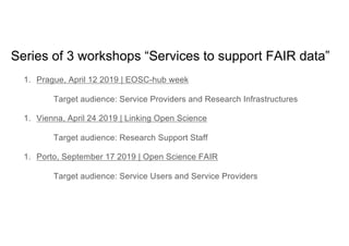 Series of 3 workshops “Services to support FAIR data”
1. Prague, April 12 2019 | EOSC-hub week
Target audience: Service Providers and Research Infrastructures
1. Vienna, April 24 2019 | Linking Open Science
Target audience: Research Support Staff
1. Porto, September 17 2019 | Open Science FAIR
Target audience: Service Users and Service Providers
 