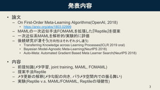 k
3
? Փ
C On First-Order Meta-Learning Algorithms(OpenAI, 2018)
? https://arxiv.org/abs/1803.02999
C MAMLһνַFOMAML򒈏Reptile᰸
C һνϵMAML/gYĤu
C Aоऽ(ԤϤ줾٤`)
? Transferring Knowledge across Learning Processes(ICLR 2019 oral)
? Bayesian Model-Agnostic Meta-Learning(NeurIPS 2018)
? Auto-Meta: Automated Gradient Based Meta Learner Search(NeurIPS 2018)
? 
C ǰ֪R(᥿ѧ, joint training, MAML, FOMAML)
C ᰸ַReptile
C ᥿¤ν(᥿, ѥ᥿gڤǤ褤)
C gY(Reptile v.s. MAML/FOMAML, ReptileB)
 