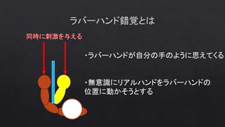 ・ラバーハンドが自分の手のように思えてくる
・無意識にリアルハンドをラバーハンドの
位置に動かそうとする
 