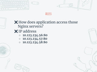 Access
✖How does application access those
Nginx servers?
✖IP address
○ 10.123.234.56:80
○ 10.123.234.57:80
○ 10.123.234.58:80
 
