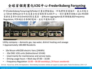 Copyright 2019 ITRI 工業技術研究院Copyright 2018 ITRI 工業技術研究院
全球首個商業化V2G中心-Frederiksberg Forsyning
23
資料來源：Nuvve Corp. (2018), Grid Applications - Demonstrating how electric vehicles can support our power system, Parker End Seminar, 2018.11.27
Utility company – domestic gas, tap water, district heating and sewage
• Approximately 100.000 Residents
− 10x Nissan eNV200 electric Vans (24kWh)
− - 10x ENEL V2G units (bidirectional 10 kW)
− - Used mainly for maintenance and service tasks.
− - Driving usage hours = Work day 07:00 – 16:00
− - Frequency Regulation 16:00 – 06:00 weekdays; 24 hours weekends
FF (Frederiksberg Forsyning)為Parker計畫的實驗場址，FF為實際營運場所，義大利電力
公司Enel 與Nissan合作在設置全球首個商業化V2G中心。該計畫購買10輛日產e-NV200
零排放貨車和10台Enel的V2G充電器，由Nuvve aggregator提供調頻服務(Frequency
Regulation, FCR-N)至丹麥DK2電網，並從中獲取利潤。
 