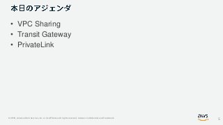 © 2019, Amazon Web Services, Inc. or its Affiliates. All rights reserved. Amazon Confidential and Trademark
• VPC Sharing
• Transit Gateway
• PrivateLink
5
 