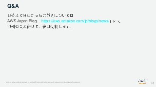 © 2019, Amazon Web Services, Inc. or its Affiliates. All rights reserved. Amazon Confidential and Trademark
Q&A
AWS Japan Blog https://aws.amazon.com/jp/blogs/news/
54
 