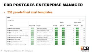 © Copyright EnterpriseDB Corporation, 2019. All rights reserved.13
EDB POSTGRES ENTERPRISE MANAGER
• 239 pre-defined alert templates
 