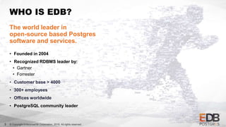 © Copyright EnterpriseDB Corporation, 2019. All rights reserved.
WHO IS EDB?
The world leader in
open-source based Postgres
software and services.
• Founded in 2004
• Recognized RDBMS leader by:
• Gartner
• Forrester
• Customer base > 4000
• 300+ employees
• Offices worldwide
• PostgreSQL community leader
3
 