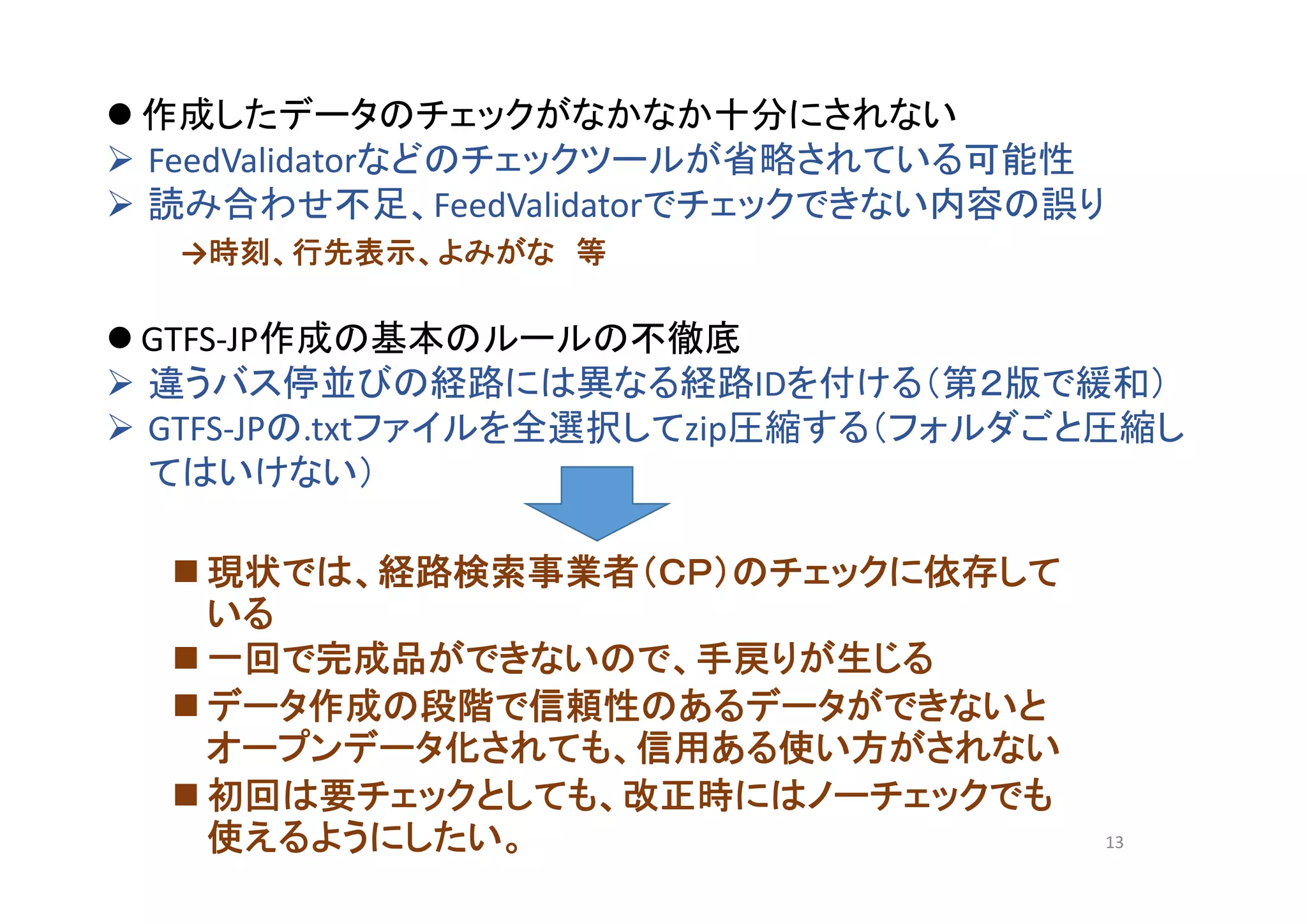  作成したデータのチェックがなかなか十分にされない
 FeedValidatorなどのチェックツールが省略されている可能性
 読み合わせ不足、FeedValidatorでチェックできない内容の誤り
→時刻、行先表示、よみがな 等
 GTFS‐JP作成の基本のルールの不徹底
 違うバス停並びの経路には異なる経路IDを付ける（第２版で緩和）
 GTFS‐JPの.txtファイルを全選択してzip圧縮する（フォルダごと圧縮し
てはいけない）
 現状では、経路検索事業者（ＣＰ）のチェックに依存して
いる
 一回で完成品ができないので、手戻りが生じる
 データ作成の段階で信頼性のあるデータができないと
オープンデータ化されても、信用ある使い方がされない
 初回は要チェックとしても、改正時にはノーチェックでも
使えるようにしたい。 13
 