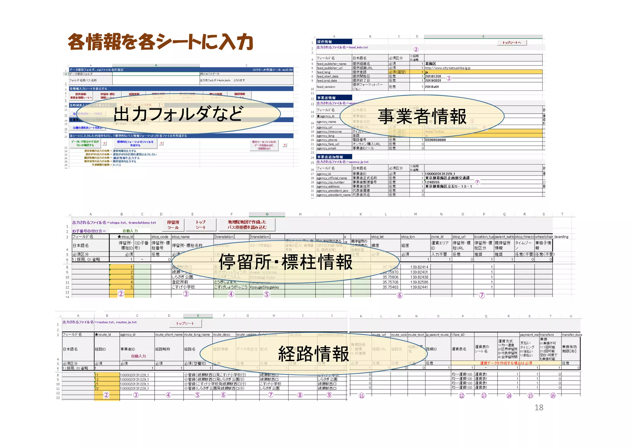 18
出力フォルダなど 事業者情報
各情報を各シートに入力
停留所・標柱情報
経路情報
 
