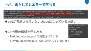 è
è
–
–
Check `chainerx::Shape(type.shape().begin(), type.shape().end())' == `a.shape()' failed! in CheckType
at ../runtime/xcvm.cc:57: ((1, 8, 28, 28) vs (1, 8, 24, 24)) Shape check failed in output #0: Conv(Input3,
Parameter5) -> (Convolution28_Output_0)
zsh: abort ./build/tools/run_onnx --device cuda --test data/mnist --trace
name: "Convolution28”
op_type: "Conv”
Attribute {
name: "auto_pad”
s: "SAME_UPPER”
type: STRING
}
 