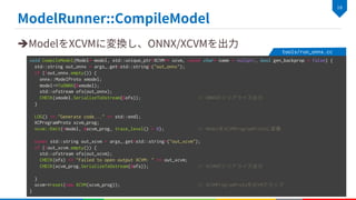 è
void CompileModel(Model* model, std::unique_ptr<XCVM>* xcvm, const char* name = nullptr, bool gen_backprop = false) {
std::string out_onnx = args_.get<std::string>("out_onnx");
if (!out_onnx.empty()) {
onnx::ModelProto xmodel;
model->ToONNX(&xmodel);
std::ofstream ofs(out_onnx);
CHECK(xmodel.SerializeToOstream(&ofs)); // ONNXのシリアライズ出力
}
LOG() << "Generate code..." << std::endl;
XCProgramProto xcvm_prog;
xcvm::Emit(*model, &xcvm_prog, trace_level() > 0); // ModelをXCVMProgramProtoに変換
const std::string out_xcvm = args_.get<std::string>("out_xcvm");
if (!out_xcvm.empty()) {
std::ofstream ofs(out_xcvm);
CHECK(ofs) << "Failed to open output XCVM: " << out_xcvm;
CHECK(xcvm_prog.SerializeToOstream(&ofs)); // XCVMのシリアライズ出力
}
xcvm->reset(new XCVM(xcvm_prog)); // XCVMProgramProtoをXCVMでラップ
}
tools/run_onnx.cc
 
