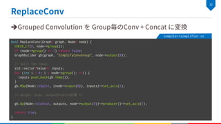 è
bool ReplaceConv(Graph* graph, Node* node) {
CHECK_LT(0, node->group());
if (node->group() == 1) return false;
GraphBuilder gb(graph, "SimplifyConvGroup", node->output(0));
// Split the input.
std::vector<Value*> inputs;
for (int i = 0; i < node->group(); ++i) {
inputs.push_back(gb.Temp());
}
gb.MOp(Node::kSplit, {node->input(0)}, inputs)->set_axis(1);
/* weight, bias, outputのsplit処理 */
gb.Op(Node::kConcat, outputs, node->output(0))->producer()->set_axis(1);
return true;
}
compiler/simplifier.cc
 