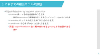 2. これまでの検出モデルの課題
5
 Object detection by keypoint estimation
 heatmap 使って各点を直接求める方法
 後述の CenterNet の推論時の流れを見るとイメージつかみやすいかも
 CornerNet: ボックスの左上と右下の2点のみ推定
 ExtremeNet: 中心とボックスの角4点を推定
 課題: keypoint detection 後に組み合わせを grouping する必要がある
 遅い
 