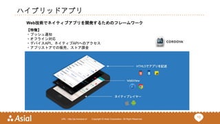 13URL : http://ja.monaca.io/ Copyright © Asial Corporation. All Right Reserved.
ハイブリッドアプリ
Web技術でネイティブアプリを開発するためのフレームワーク
【特徴】
・プッシュ通知
・オフライン対応
・デバイスAPI、ネイティブAPIへのアクセス
・アプリストアでの販売、ストア課金
 