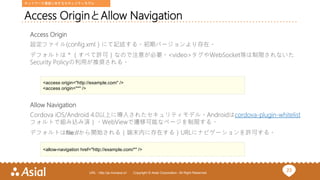23URL : http://ja.monaca.io/ Copyright © Asial Corporation. All Right Reserved.
Access OriginとAllow Navigation
Access Origin
設定ファイル(config.xml）にて記述する。初期バージョンより存在。
デフォルトは * （すべて許可）なので注意が必要。<video>タグやWebSocket等は制限されないた
Security Policyの利用が推奨される。
Allow Navigation
Cordova iOS/Android 4.0以上に導入されたセキュリティモデル。Androidはcordova-plugin-whitelist
フォルトで組み込み済）。WebViewで遷移可能なページを制限する。
デフォルトはfile://から開始される（端末内に存在する）URLにナビゲーションを許可する。
<access origin="http://example.com" />
<access origin="*" />
<allow-navigation href="http://example.com/*" />
ネットワーク通信に対するセキュリティモデル
 