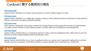 29URL : http://ja.monaca.io/ Copyright © Asial Corporation. All Right Reserved.
Cordovaに関する脆弱性の報告
CVE-2015-5208
Apache Cordova iOS before 4.0.0 allows remote attackers to execute arbitrary plugins via a link.
CVE-2015-5207
Apache Cordova iOS before 4.0.0 might allow attackers to bypass a URL whitelist protection mechanism in an app and load
arbitrary resources by leveraging unspecified methods.
CVE-2015-5204
CRLF injection vulnerability in the Apache Cordova File Transfer Plugin (cordova-plugin-file-transfer) for Android before
1.3.0 allows remote attackers to inject arbitrary headers via CRLF sequences in the filename of an uploaded file.
CVE-2015-8320
Apache Cordova-Android before 3.7.0 improperly generates random values for BridgeSecret data, which makes it easier for
attackers to conduct bridge hijacking attacks by predicting a value.
CVE-2015-5256
Apache Cordova-Android before 4.1.0, when an application relies on a remote server, improperly implements a JavaScript
whitelist protection mechanism, which allows attackers to bypass intended access restrictions via a crafted URI.
Cordova/プラグインの脆弱性
 