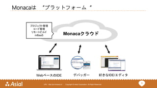 9URL : http://ja.monaca.io/ Copyright © Asial Corporation. All Right Reserved.
Monacaは “プラットフォーム“
Monacaクラウド
WebベースのIDE デバッガー 好きなIDE/エディタ
プロジェクト管理
コード管理
リモートビルド
mBaaS
 