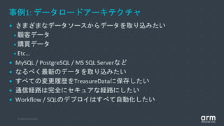 © 2019 Arm Limited
事例1: データロードアーキテクチャ
• さまざまなデータソースからデータを取り込みたい
• 顧客データ
• 購買データ
• Etc…
• MySQL / PostgreSQL / MS SQL Serverなど
• なるべく最新のデータを取り込みたい
• すべての変更履歴をTreasureDataに保存したい
• 通信経路は完全にセキュアな経路にしたい
• Workflow / SQLのデプロイはすべて自動化したい
 