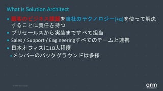 © 2019 Arm Limited
What is Solution Architect
• 顧客のビジネス課題を自社のテクノロジー(+α)を使って解決
することに責任を持つ
• プリセールスから実装まですべて担当
• Sales / Support / Engineeringすべてのチームと連携
• 日本オフィスに10人程度
•メンバーのバックグラウンドは多様
 