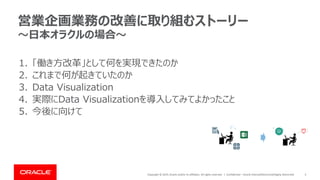 Copyright © 2019, Oracle and/or its affiliates. All rights reserved. | Confidential – Oracle Internal/Restricted/Highly Restricted 3
営業企画業務の改善に取り組むストーリー
～日本オラクルの場合～
1. 「働き方改革」として何を実現できたのか
2. これまで何が起きていたのか
3. Data Visualization
4. 実際にData Visualizationを導入してみてよかったこと
5. 今後に向けて
♡
 
