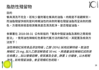 28
脂肪性殘留物
目的
餐具清洗不完全，若有少量附著在餐具的油脂，肉眼是不易觀察到。
而油脂殘留快檢則是利用親油性的染劑附著在殘留油脂而呈染劑的顏
色，方便用來檢查檢測餐具是否清洗乾淨、是否殘留油脂。
食藥署在 2018-08-31 公布新版的「餐具中殘留油脂及澱粉之簡易檢
查法」，使用油性辣椒紅色素取代舊方法的蘇丹紅，其配置及檢測方
法如下：
油性辣椒紅採用食品添加物級 ; 乙醇 (95%) 採用試藥特級。取油性
辣椒紅 25 mg, 加入乙醇溶解使成 50 mL 。將適量油性辣椒紅試劑滴
在檢體上 , 加以慢慢迴轉 , 使其擴及全面 , 靜置 1 分鐘後 , 以水輕輕
沖洗 , 如有殘留油脂 , 會呈現橘紅色斑點。
 