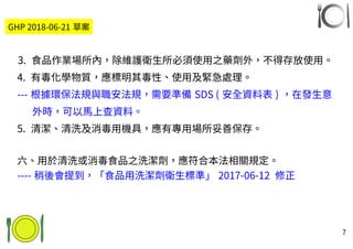 7
GHP 2018-06-21 草案
3. 食品作業場所內，除維護衛生所必須使用之藥劑外，不得存放使用。
4. 有毒化學物質，應標明其毒性、使用及緊急處理。
--- 根據環保法規與職安法規，需要準備 SDS ( 安全資料表 ) ，在發生意
外時，可以馬上查資料。
5. 清潔、清洗及消毒用機具，應有專用場所妥善保存。
六、用於清洗或消毒食品之洗潔劑，應符合本法相關規定。
---- 稍後會提到，「食品用洗潔劑衛生標準」 2017-06-12 修正
 